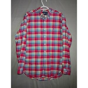 Ralph Lauren Shirt Men L Pink Plaid Chambray Button Down Long Sleeve Blue Pony